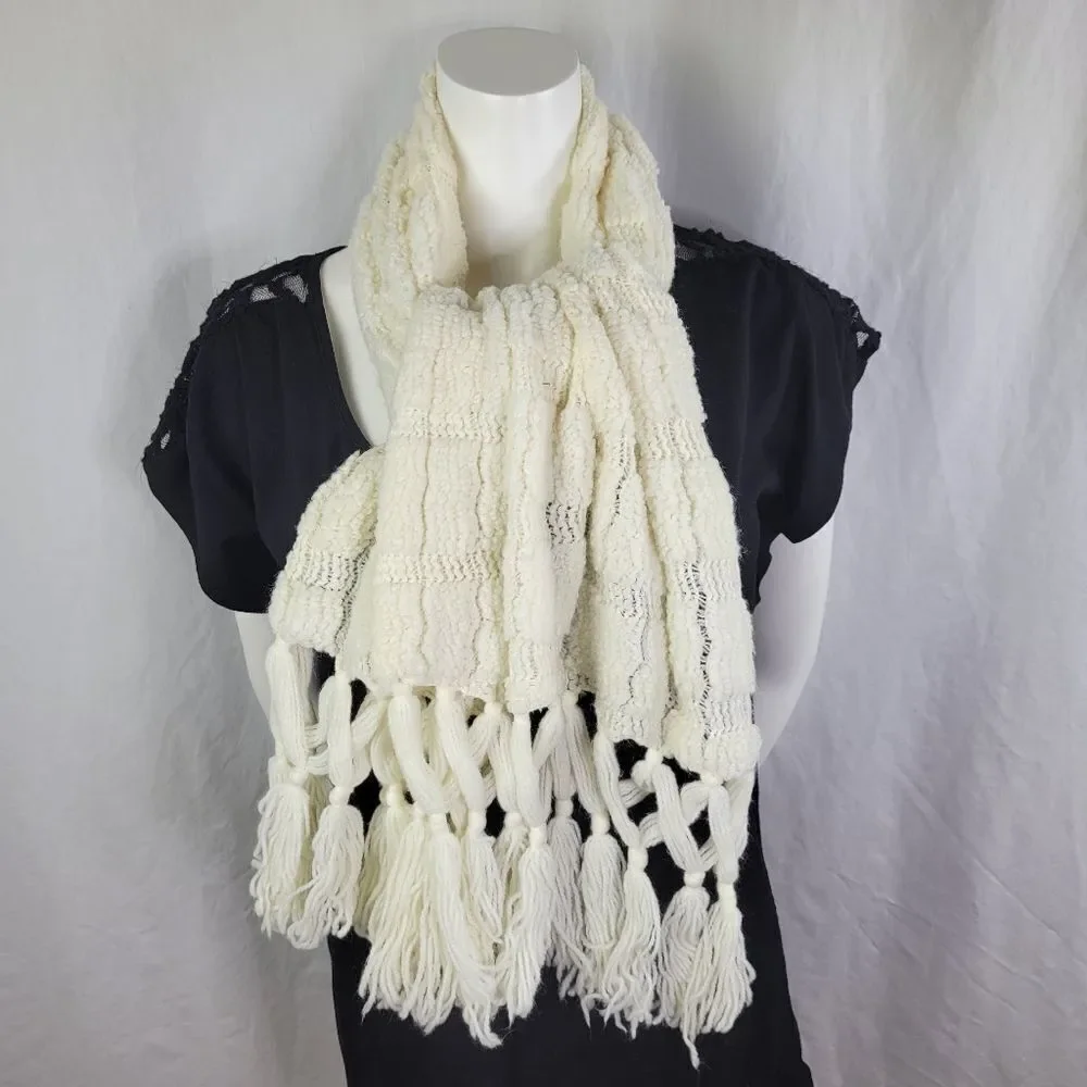 Vintage Creme-Colored Wide Scarf‎ with Fringe